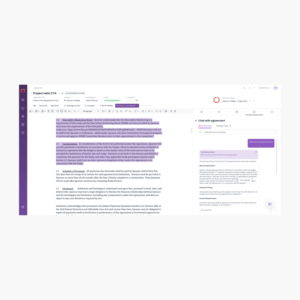 Example of chat with an agreement, where the user is querying about payment terms and the reference to the AI output is highlighted in the agreement text.