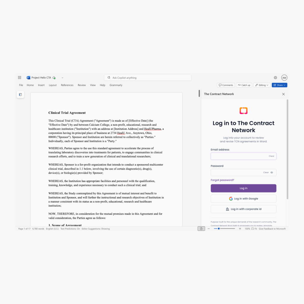 TCN Word Add-In Login screen